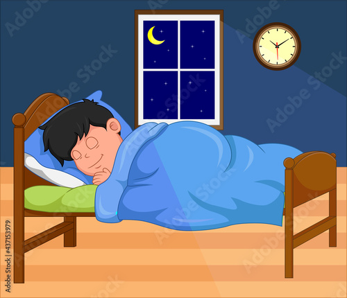 cartoon boy sleeping at night in bedroom