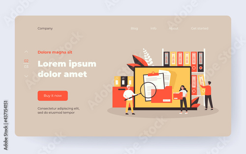 People taking documents from shelves, using magnifying glass and searching files in electronic database. Vector illustration for archive, information storage concept