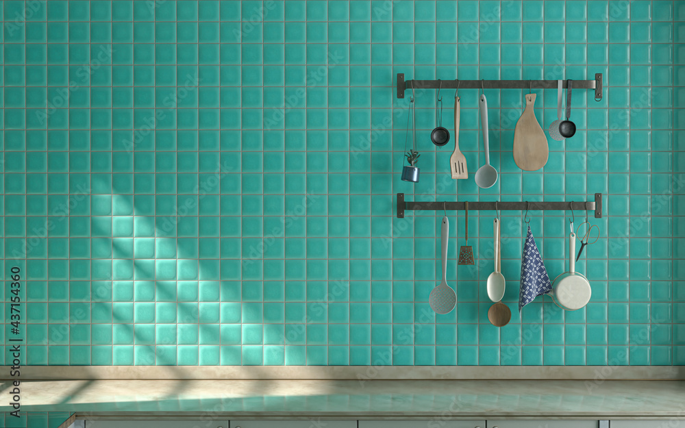 Front view kitchen with marble kitchen countertop and some dishes on it under warm morning sunshine, turquoise tiled wall, and wall hung kitchen shelf various kitchenware on it, 3d Rendering
