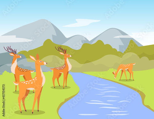 Deer at watering hole cartoon illustration. Cute cartoon deer standing near clear sparkling river, drinking. Mountains and blue sky on background. Wildlife concept for website design or landing page