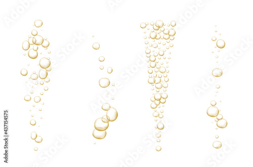 Gold fizzy bubbles. Sparkles champagne. Fizzy pop and effervescent drink. Abstract fresh soda and air bubbles, oxygen, champagne crystal. Vector illustration on black transparent background.