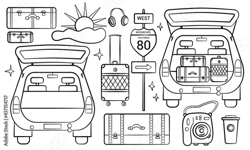 Road auto trip. Set of doodle travel design elements. Hand drawn road trip doodles perfect for vacation and travel flyers and posters.