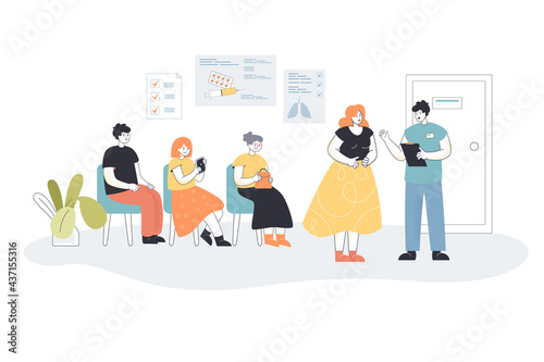 People waiting in line to doctor. Men and women sitting on chairs in hospital hall or clinic office. Female character talking to medical worker. Healthcare concept for banner, website design
