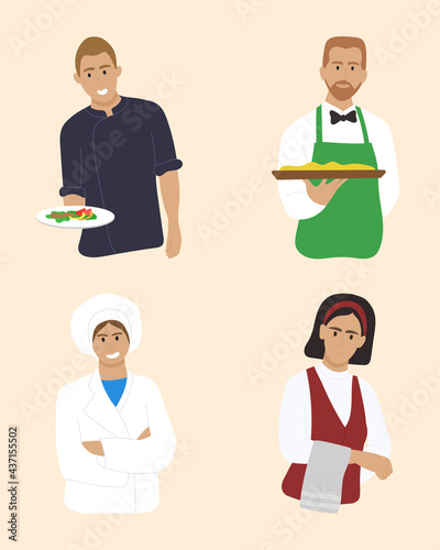 A set of people who work in a cafe and restaurant