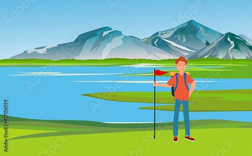 Eco tourist man stands near the lake coast, mountains and nature landscape, hiking in nature tourism
