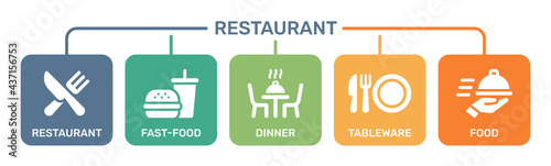 Restaurant related icons. Contain restaurant, fast food, dinner, tableware and serving food symbol.