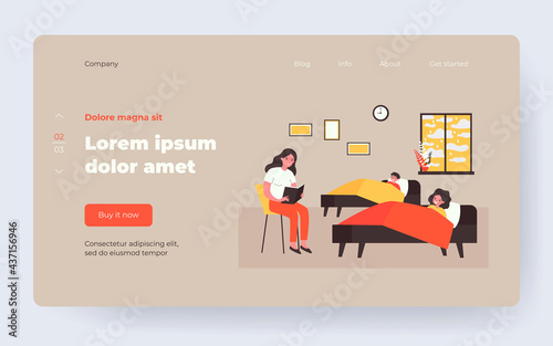 Mom reading bedtime story to kids. Fairytale, book, happy children lying in bed flat vector illustration. Motherhood and literature concept for banner, website design or landing web page