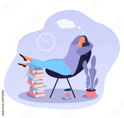 vector hand drawn illustration on the theme of procrastination. a girl sits on a chair at the workplace and dreams of something. trend illustration in flat style