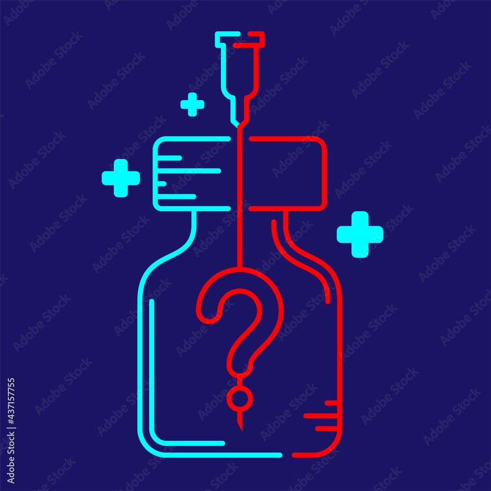 Logo covid-19 vaccine Question Mark symbol in bottle and Syringe Tip with cross icon, Vaccination Campaign problem doubt concept design illustration blue, red color isolated on dark blue background Logo covid-19 vaccine Question Mark symbol in bottle and Syringe Tip with cross icon, Vaccination Campaign problem doubt concept design illustration blue, red color isolated on dark blue background