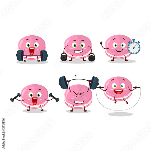 A healthy strawberry dorayaki cartoon style trying some tools on Fitness center