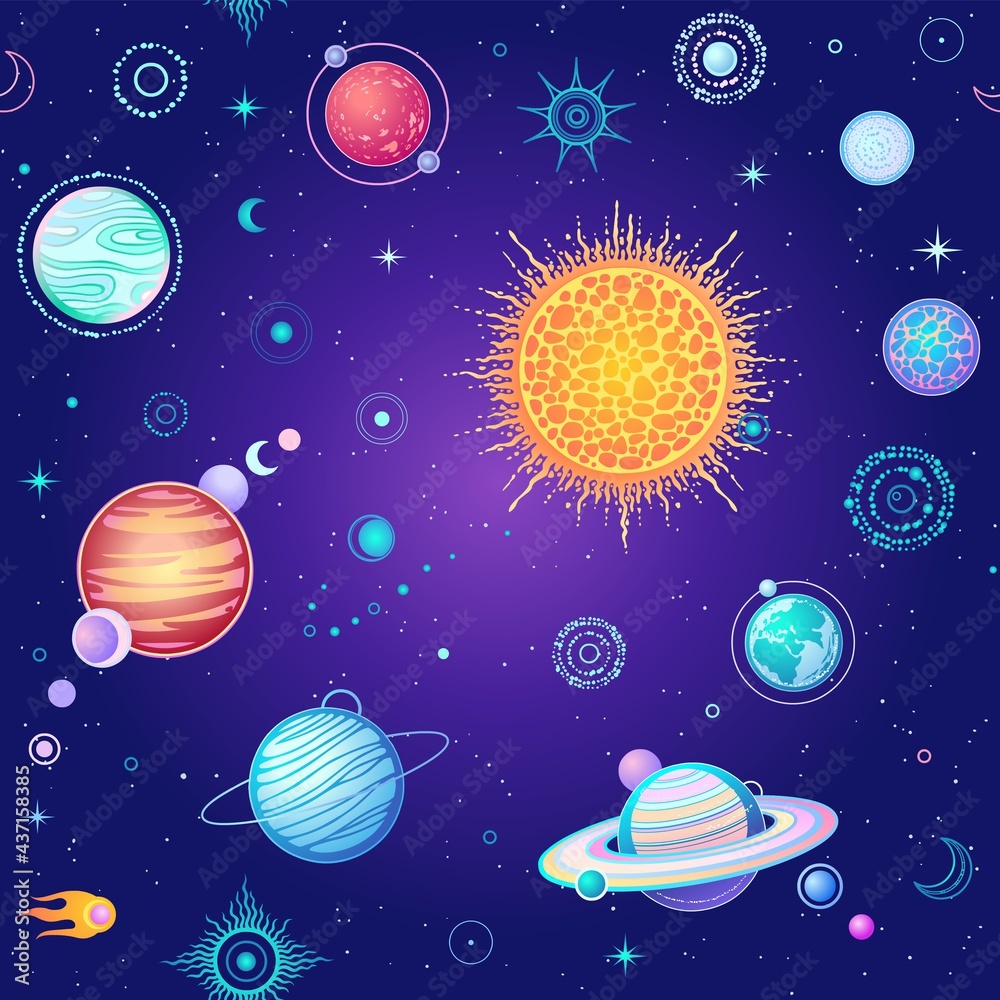 Seamless background: Cartoon planets of solar system. Space symbols. Color vector illustration.