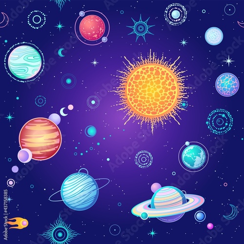 Seamless background  Cartoon planets of solar system. Space symbols. Color vector illustration.