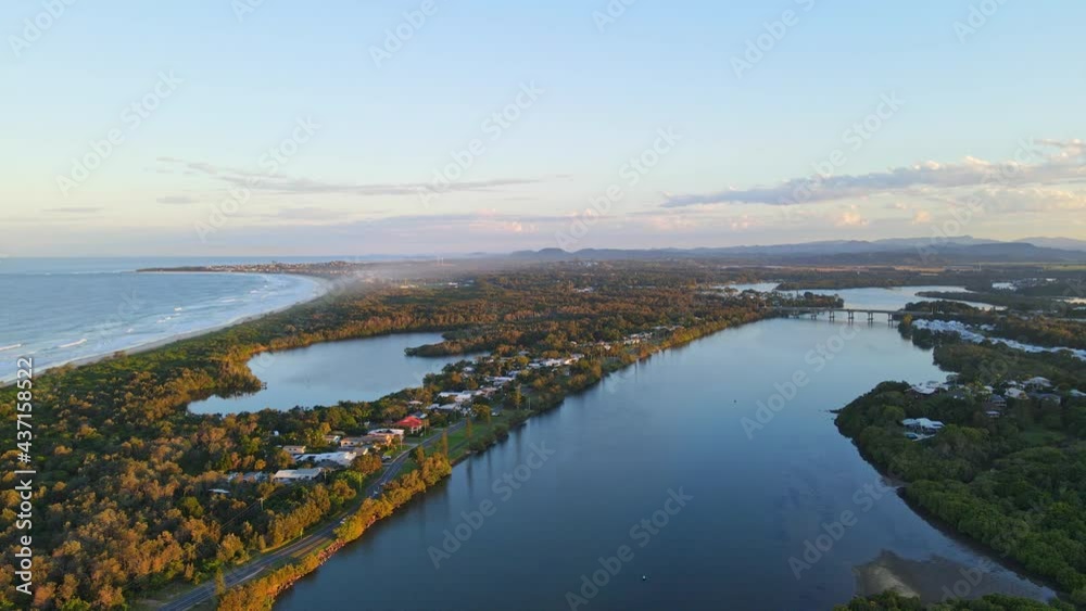 Wommin Lake During Sunset - Tweed River, Beach And Seascape In Fingal Head, NSW, Australia. - aerial Wommin Lake During Sunset - Tweed River, Beach And Seascape In Fingal Head, NSW, Australia. - aerial