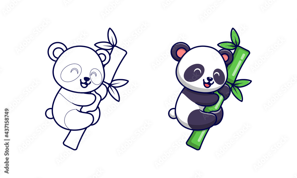 Cute panda on bamboo cartoon coloring pages for kids Stock Vector