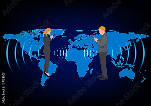 Business woman and man standing and using smartphone for connection by technology, concept Anytime Anywhere connection to Global network vector illustration