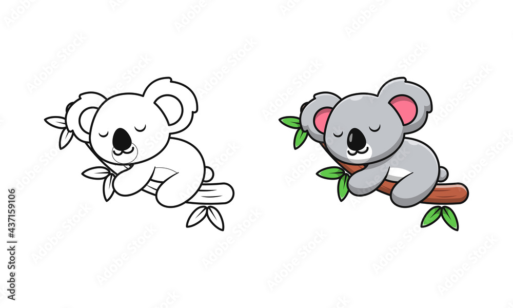 Cute koala sleeping on wood cartoon coloring pages for kids Stock Vector |  Adobe Stock