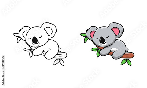 Cute koala sleeping on wood cartoon coloring pages for kids © Three Light