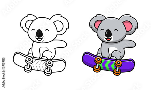 Cute koala playing skateboard cartoon coloring pages for kids © Three Light