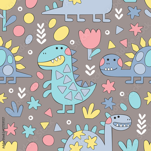 Diplodocus, Brontosaurus, Stegosaurus. Cartoon animals. Plants: flowers and leaves. Doodle figures. Seamless vector pattern (background). 