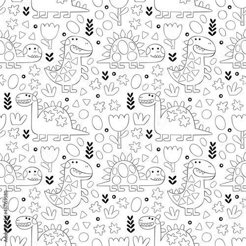Dinosaur: Tyrannosaurus, Diplodocus, Brontosaurus, Stegosaurus. Cartoon animals. Plants: flowers and leaves. Doodle figures. Seamless vector pattern (background). 