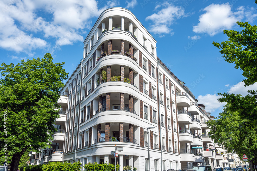 Modern white luxury apartment block seen in Berlin, Germany