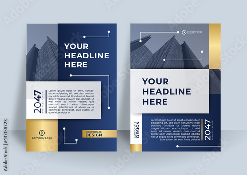 Modern dark blue and gold abstract business cover background. Cover brochure template header and footers polygonal pattern luxury style on dark blue and white background with golden lines.