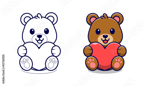 Cute bear holding love cartoon coloring pages for kids © Three Light