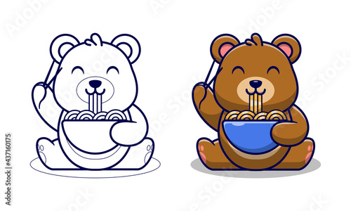 Cute bear eating ramen noodles cartoon coloring pages for kids © Three Light