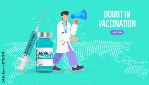 Man doctor at a conference. Patient doubts to be vaccinated. Doctors call for vaccination. corona virus vaccination with vaccine bottle and syringe. Global immunization. Flat Vector Illustration.