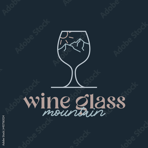 Wine glass mountain logo design premium vector
