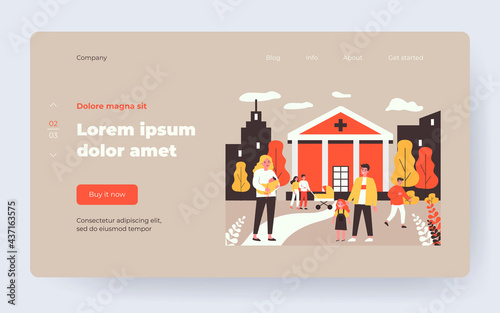 Girl and her dad visiting mom with baby in hospital. New mother, newborn kid, family flat vector illustration. Maternity clinic, medical help concept for banner, website design or landing web page