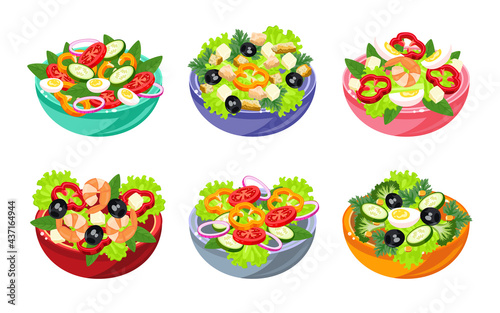 Various salads illustration set in cartoon style. Vegetable, fish and meat salad. Healthy and tasty food ideas. Dishes for keeping fit. Original salads with different ingredients. Healthy food concept
