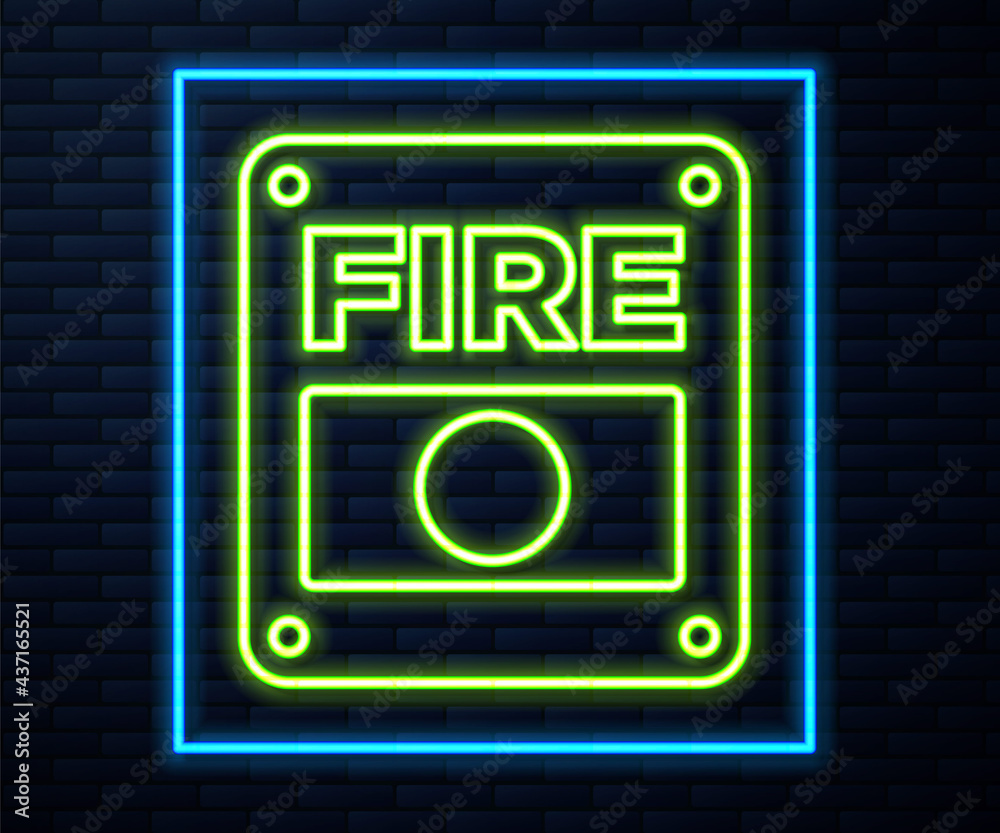 Glowing neon line Fire alarm system icon isolated on brick wall background. Pull danger fire safety box. Vector Glowing neon line Fire alarm system icon isolated on brick wall background. Pull danger fire safety box. Vector