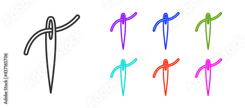 Black line Needle for sewing with thread icon isolated on white background. Tailor symbol. Textile sew up craft sign. Embroidery tool. Set icons colorful. Vector