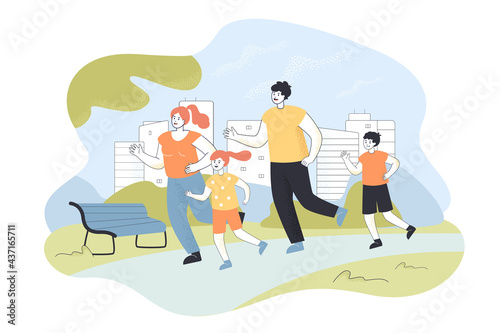 Family jogging vector illustration. Two parents, son and daughter doing sports in park. Morning run with relatives. Healthy lifestyle and marathon concept for banner, website design