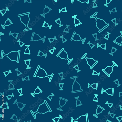 Green line Christian chalice icon isolated seamless pattern on blue background. Christianity icon. Happy Easter. Vector
