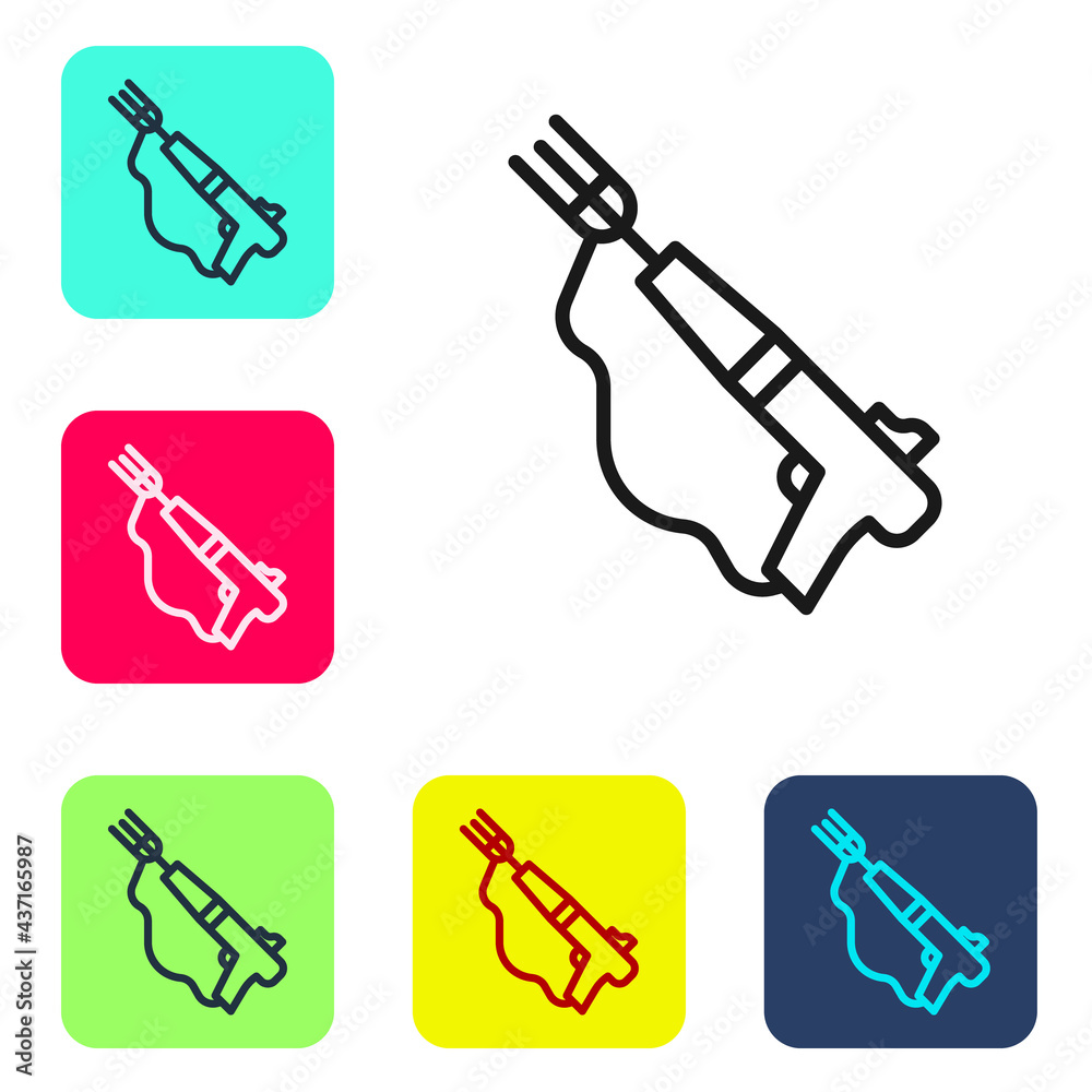 Black line Fishing harpoon icon isolated on white background. Fishery manufacturers for catching fish under water. Diving underwater equipment. Set icons in color square buttons. Vector Black line Fishing harpoon icon isolated on white background. Fishery manufacturers for catching fish under water. Diving underwater equipment. Set icons in color square buttons. Vector