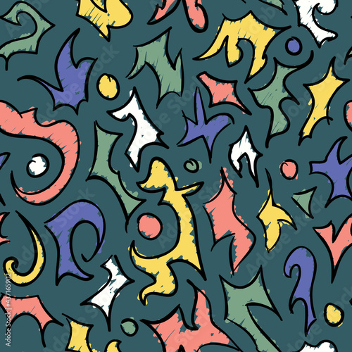 An 80's themed retro seamless pattern of loosely sketched, colorful abstract shapes on a dark green background