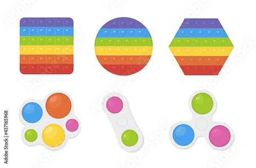 Vector Set of popular Pop It Fidgets in rainbow colors and Simple Dimple hand toy. Antistress, relaxing toys with push bubbles for kids. Sensory fidget in square shape and circle figure. Illustration.