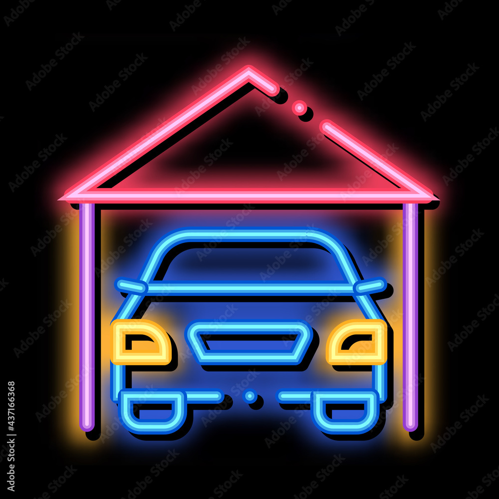 Garage Shed With Car Vehicle neon light sign vector. Glowing bright icon transparent symbol illustration Garage Shed With Car Vehicle neon light sign vector. Glowing bright icon transparent symbol illustration