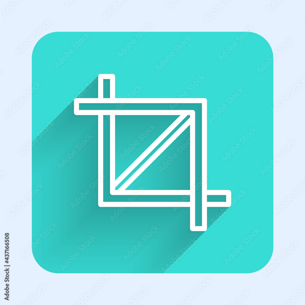 White line Picture crop photo icon isolated with long shadow. Green square button. Vector White line Picture crop photo icon isolated with long shadow. Green square button. Vector