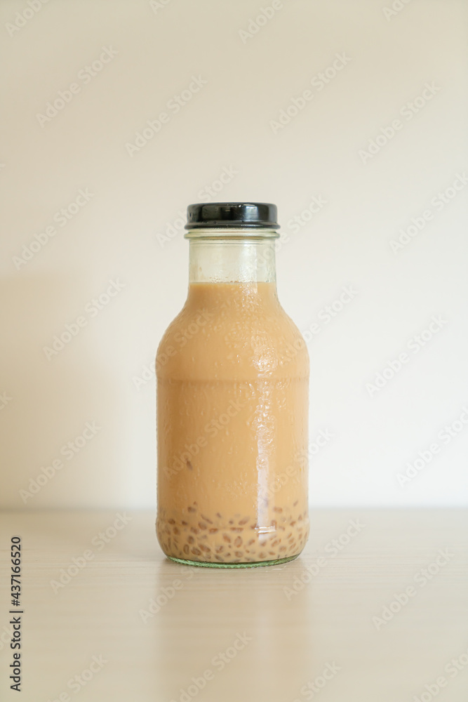 milk tea with pudding jelly in glass bottle milk tea with pudding jelly in glass bottle