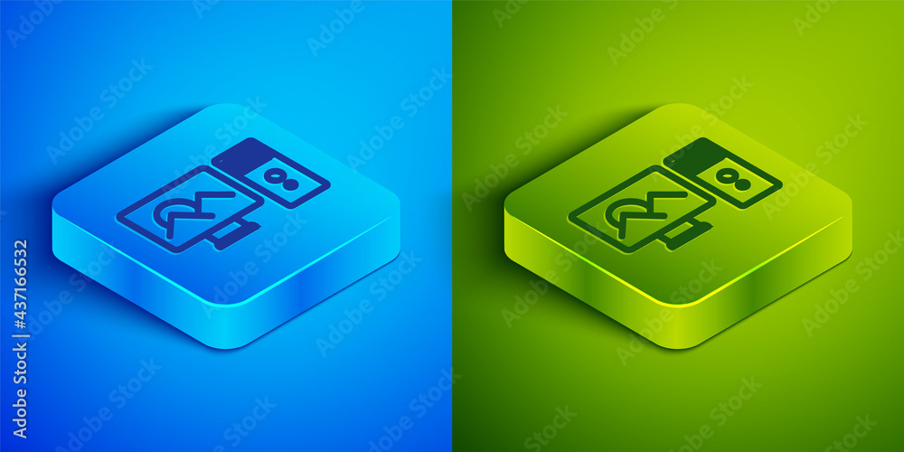 Isometric line Photo retouching icon isolated on blue and green background. Photographer, photography, retouch icon. Square button. Vector