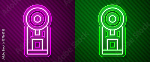 Glowing neon line Smart coffee machine system icon isolated on purple and green background. Internet of things concept with wireless connection. Vector