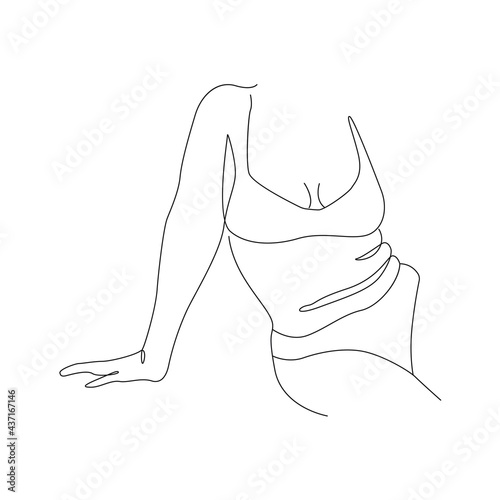 Curvy Woman Body One Line Drawing. Body Positive Concept. Female Figure Continuous Line Art Drawing. Woman Nude Illustration. Abstract Poster, Minimalist Sketch Naked Silhouette. Vector EPS 10