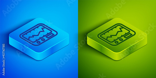 Isometric line Electrical measuring instrument icon isolated on blue and green background. Analog devices. Measuring device laboratory research. Square button. Vector