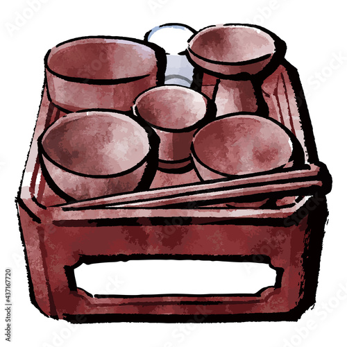 イラスト素材：お供え物　御霊供膳（おりくぜん）　器　カラーイラスト　セット