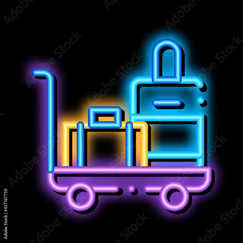 Baggage Cart With Valise neon light sign vector. Glowing bright icon transparent symbol illustration