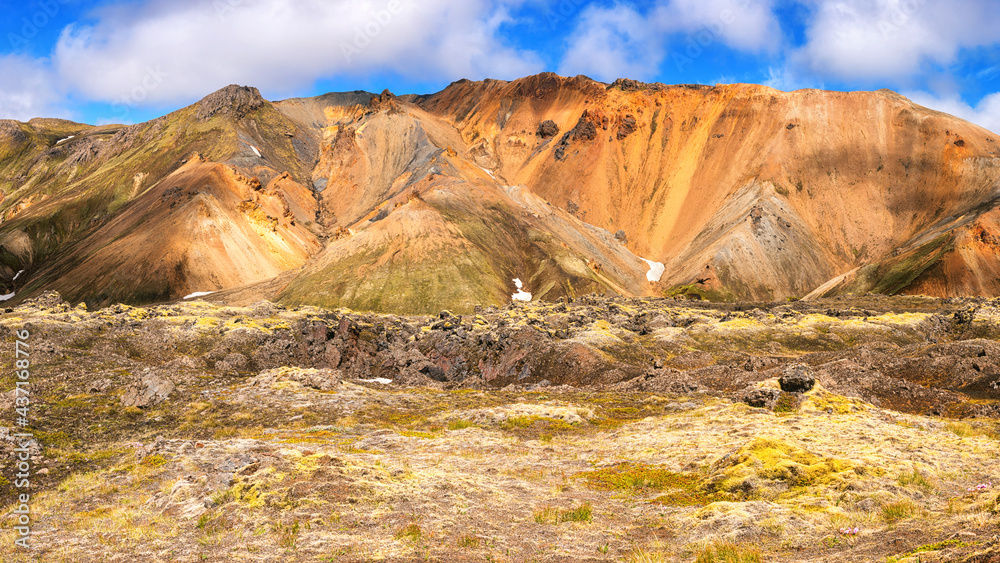 Fototapeta premium Amazing nature landscape, scenic view of Landmannalaugar colorful volcanic mountains and valley in the Fjallabak nature reserve, Iceland. Outdoor travel background