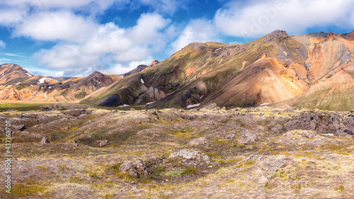 Amazing nature landscape, scenic view of Landmannalaugar colorful volcanic mountains and valley in the Fjallabak nature reserve, Iceland. Outdoor travel background